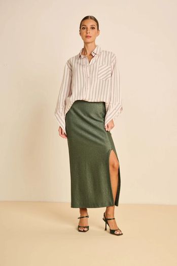 Roze blouse met groen strepenmotief en detailmouwen March23