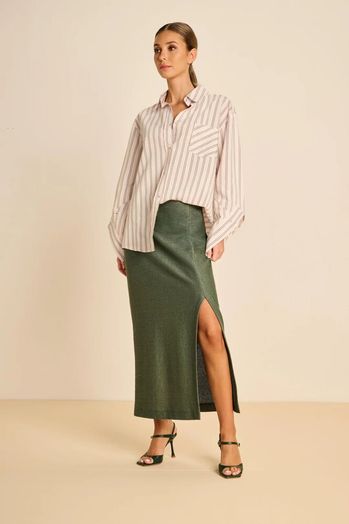 Roze blouse met groen strepenmotief en detailmouwen March23