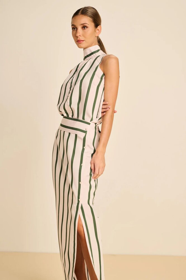 Lichtroze rok met groene strepen en split vooraan Sonora March 23