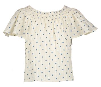 Beige bloes met blauwe bolletjes en elastiek aan de hals Humble Bellerose