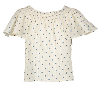 Beige bloes met blauwe bolletjes en elastiek aan de hals Humble Bellerose