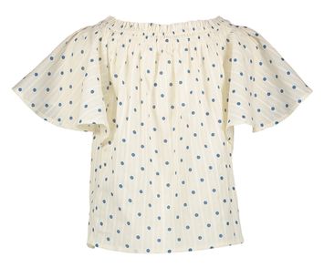 Beige bloes met blauwe bolletjes en elastiek aan de hals Humble Bellerose