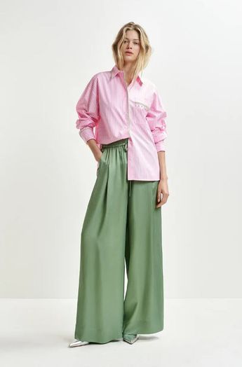 Roze, groen en wit katoenen oversized hemd met stras Hawaii Essentiel