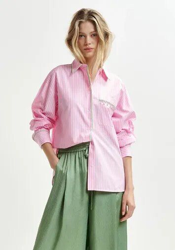 Roze, groen en wit katoenen oversized hemd met stras Hawaii Essentiel