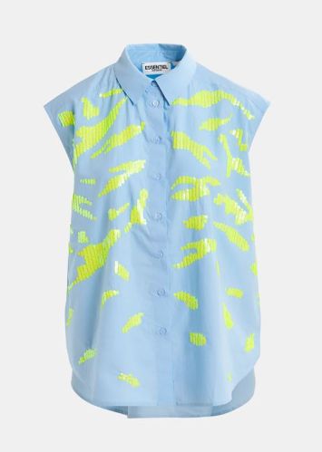 Lichtblauw en fluo geel mouwloos overhemd met pailletten Hixie Essentiel