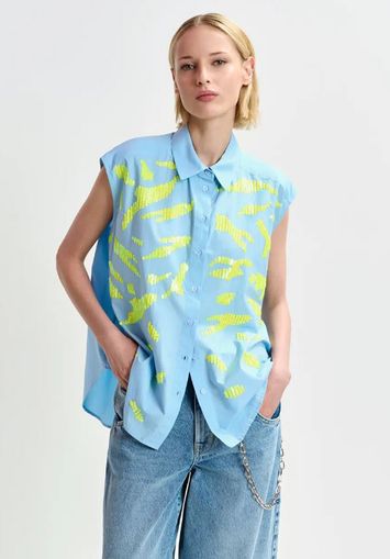 Lichtblauw en fluo geel mouwloos overhemd met pailletten Hixie Essentiel