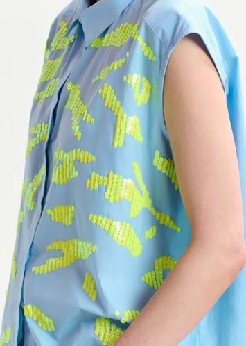 Lichtblauw en fluo geel mouwloos overhemd met pailletten Hixie Essentiel