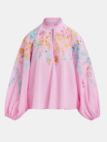 Roze, oranje en blauwe top met maokraag en borduurwerk Hitrus Essentiel