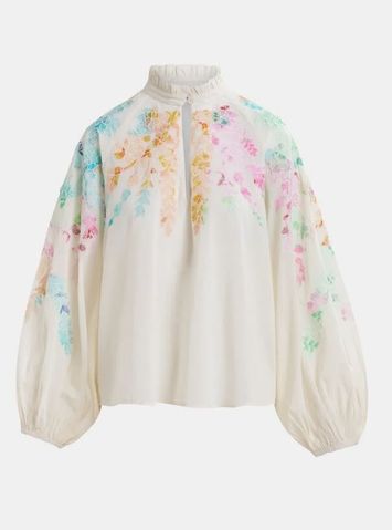 Gebroken witte, oranje en roze blouse met maokraag en borduurwerk Hitrus Essentiel