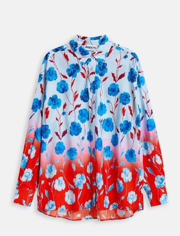 Blauw, rood en wit satijnen overhemd met bloemenprint Hevada Essentiel