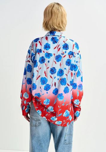 Blauw, rood en wit satijnen overhemd met bloemenprint Hevada Essentiel