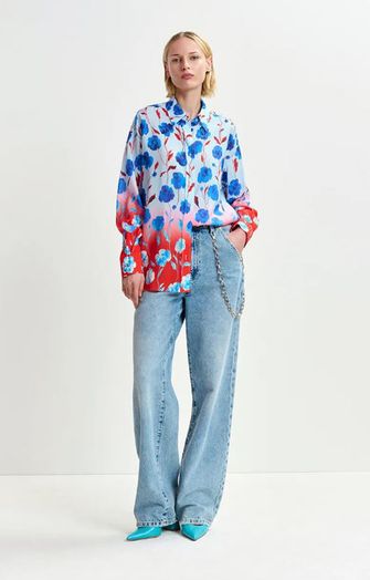 Blauw, rood en wit satijnen overhemd met bloemenprint Hevada Essentiel