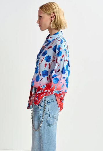 Blauw, rood en wit satijnen overhemd met bloemenprint Hevada Essentiel