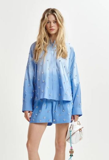 Licht- en donkerblauwe oversized blouse met kleurverloop en pailletten Harkanzas Essentiel
