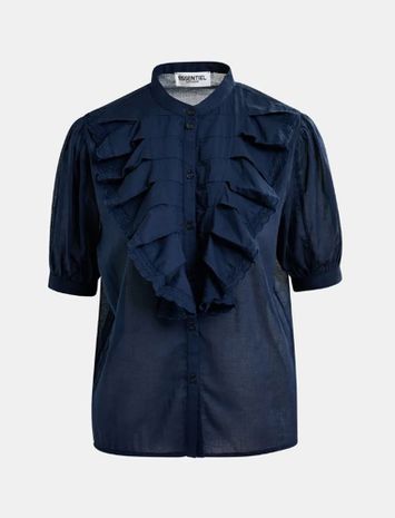 Donkerblauw katoenen overhemd met maokraag en volants Hamadeus Essentiel
