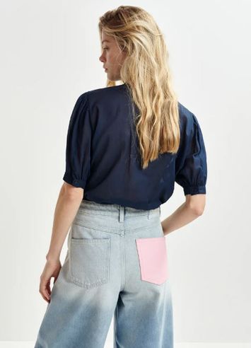 Donkerblauw katoenen overhemd met maokraag en volants Hamadeus Essentiel