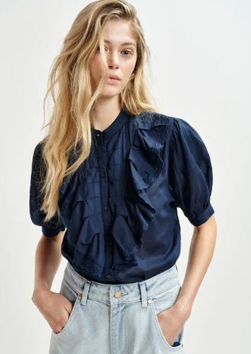 Donkerblauw katoenen overhemd met maokraag en volants Hamadeus Essentiel