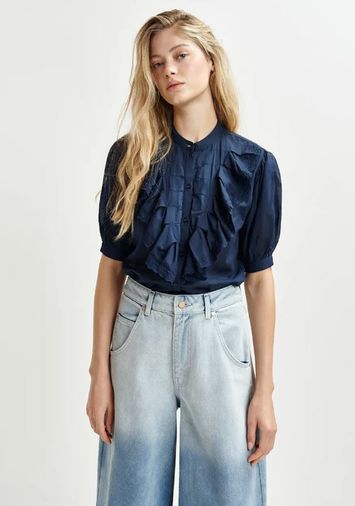Donkerblauw katoenen overhemd met maokraag en volants Hamadeus Essentiel