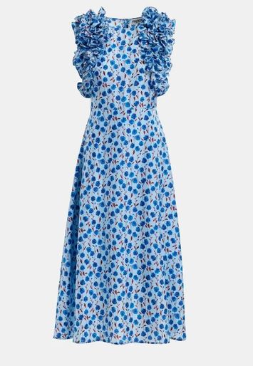 Blauwe lange zijden jurk met bloemenprint Hexico Essenstiel 