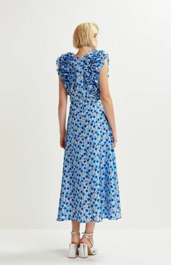 Blauwe lange zijden jurk met bloemenprint Hexico Essenstiel 