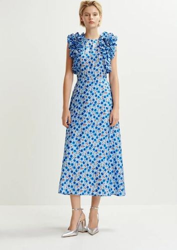 Blauwe lange zijden jurk met bloemenprint Hexico Essenstiel 