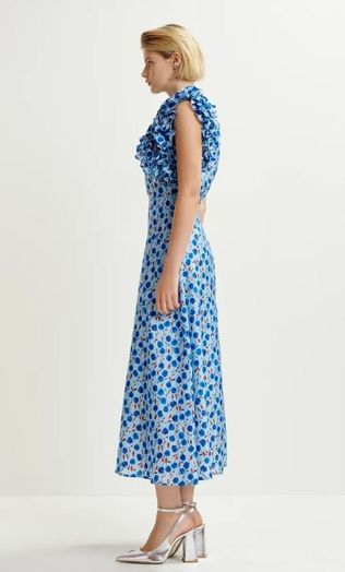 Blauwe lange zijden jurk met bloemenprint Hexico Essenstiel 