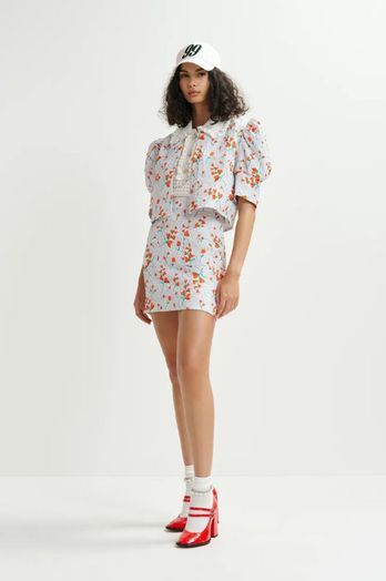 Witte  floral-print cropped jacket met puffed mouwen Hosha Essentiel 