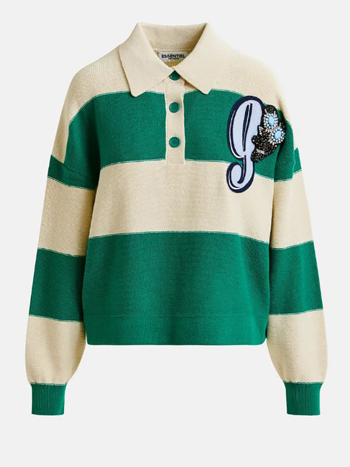 Beige en groen gestreepte polo met stras en kralen Hamam Essentiel