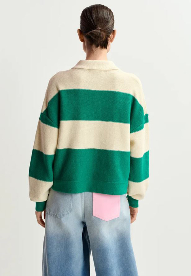 Beige en groen gestreepte polo met stras en kralen Hamam Essentiel