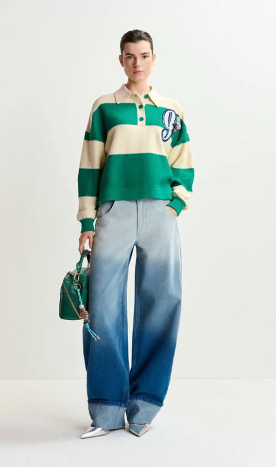 Beige en groen gestreepte polo met stras en kralen Hamam Essentiel