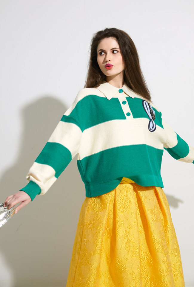 Beige en groen gestreepte polo met stras en kralen Hamam Essentiel