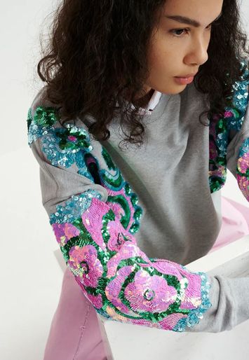 Grijze trui met mult-color bloemenprint Hecrazy Essentiel 