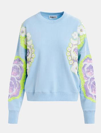 Lichtblauwe, groene en paarse biokatoenen sweater met versierde mouwen Hecrazy Essentiel 