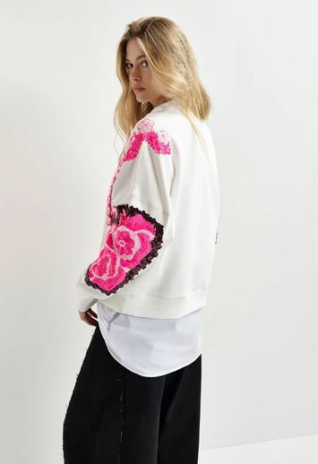 Witte sweater met bloemenprint in pailletten Hecrazy Essentiel 