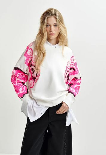 Witte sweater met bloemenprint in pailletten Hecrazy Essentiel 