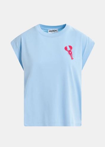 Lichtblauw en roze biokatoenen t-shirt met borduurwerk Hobster Essentiel
