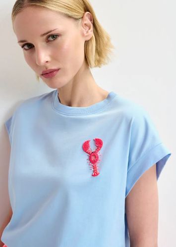 Lichtblauw en roze biokatoenen t-shirt met borduurwerk Hobster Essentiel
