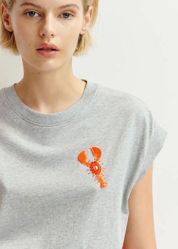 Grijs en oranje biokatoenen t-shirt met borduurwerk Hobster Essentiel