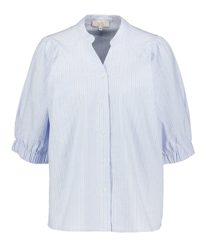 Blauw en wit gestreepte katoenen blouse met korte mouwen Signe Nature