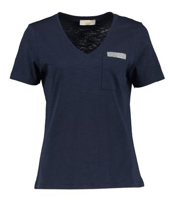 Donkerblauwe t-shirt met zilveren detail o pde borstzak Signe Nature