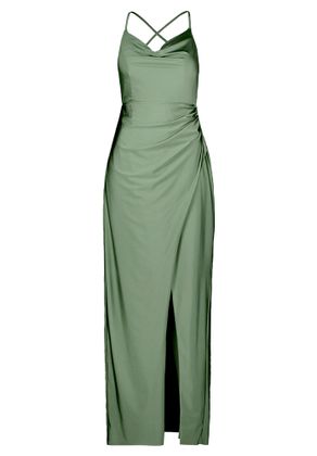Vera Mont Kaki groene glanzende coctailjurk met split aan de voorkant