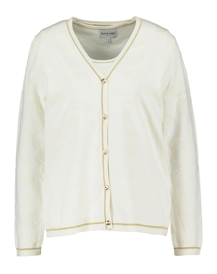 Ecru twinsetje in motief met goudkleurige detailknopen Aet Leo & Ugo