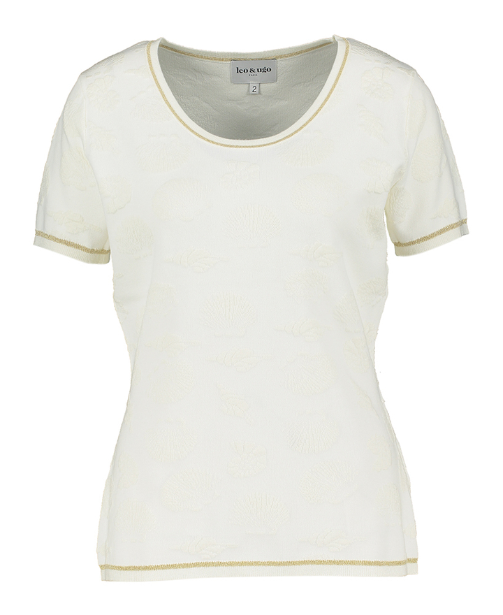 Ecru twinsetje in motief met goudkleurige detailknopen Aet Leo & Ugo