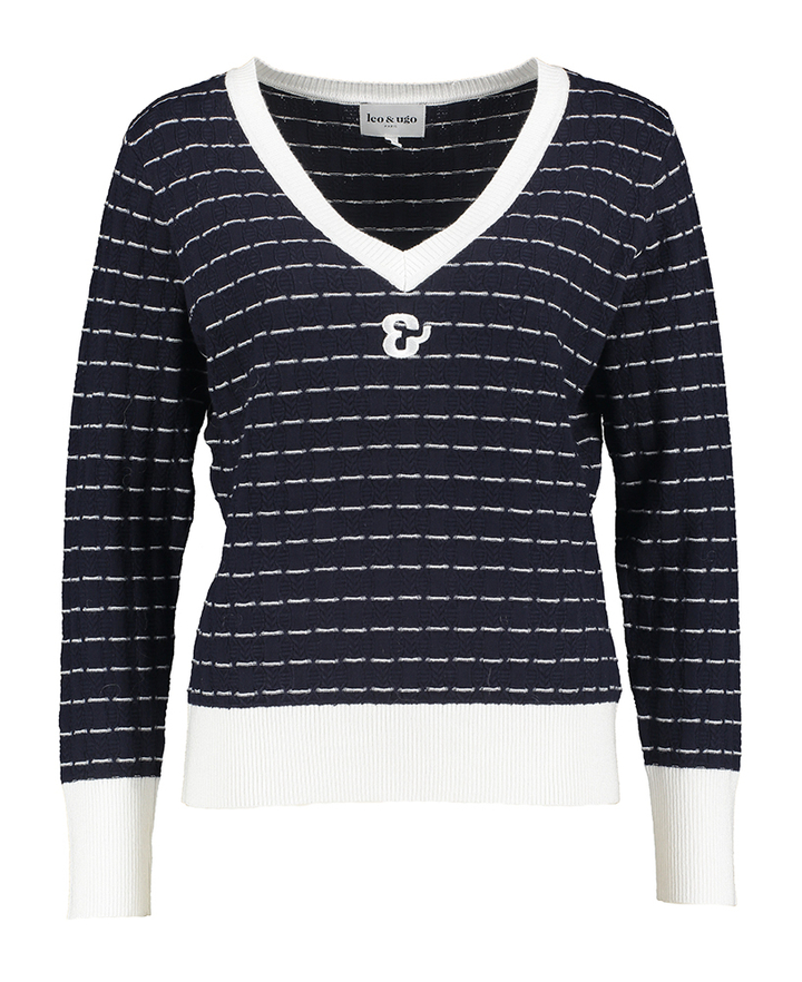 Blauw wit gestreepte pull met kabel Leo & Ugo
