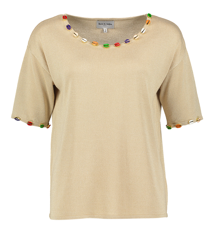 Goudkleurige pull met korte mouwen en ronde hals met gekleurde schelpen Ae Leo & Ugo