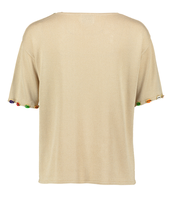 Goudkleurige pull met korte mouwen en ronde hals met gekleurde schelpen Ae Leo & Ugo