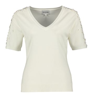 Ecru pull zonder mouwen met V-hals en bloemendetail op schouders Ae Leo & Ugo