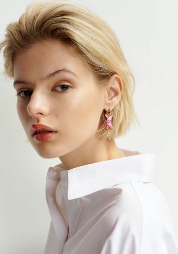 Roze en groene hoepeloorbellen met ananas en konijn Helga Essentiel