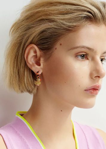 Oranje en blauwe hoepeloorbellen met eend en bal Hanga Essentiel