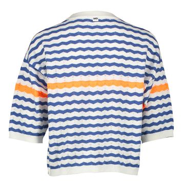 Ecru trui met blauwe en fluo oranje strepen Singapore Indee
